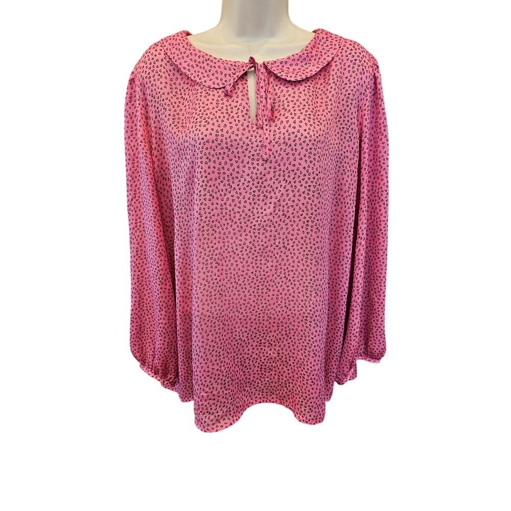 Loft size XL semi sheer Valentines hearts long sleeve blouse pink EUC career